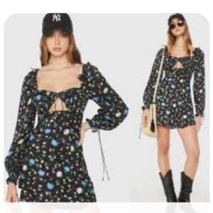 FOR LOVE & LEMONS Lexy Black Floral Long Sleeve Mini Dress Cut-Outs Front & Back